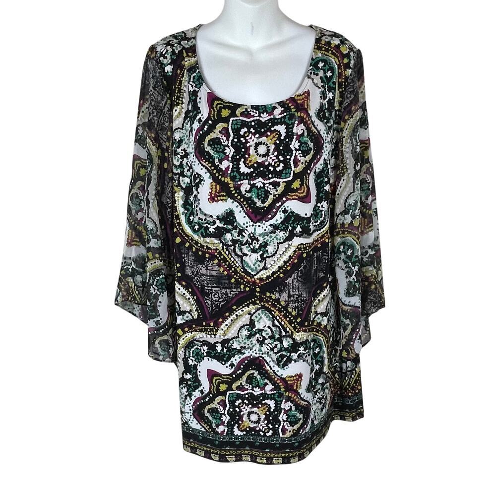 Style & Co Size XL Floral Tunic Top 3/4 Sheer Sleeve Stretch Scoop Neck